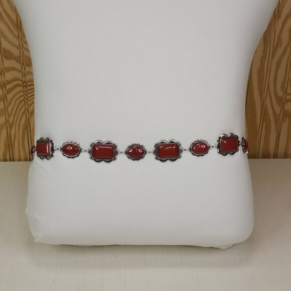 Haute Hippie Style Silver & Red Stone Chain Belt One Size Adjustable 41" Long - Picture 3 of 11